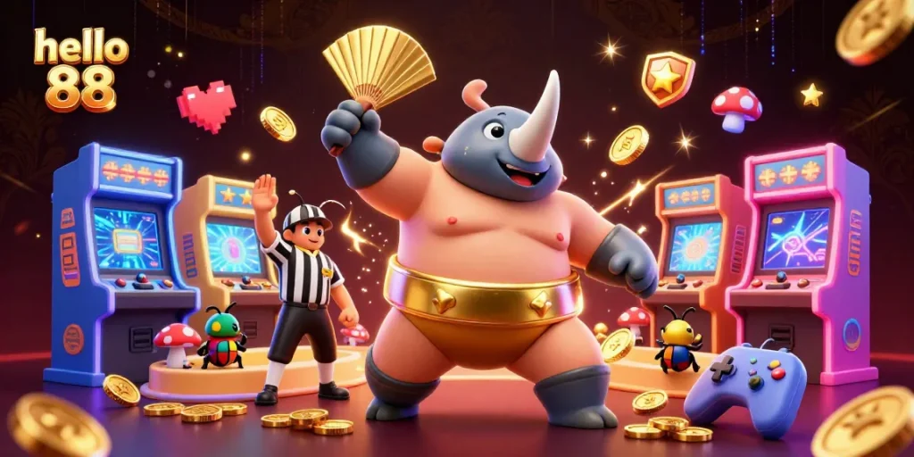 Experience thrills at hello 88 with a vibrant scene featuring unique characters and casino gaming elements.