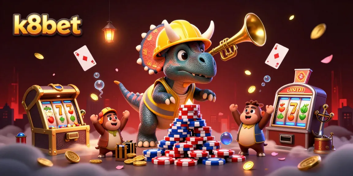 K8bet elevates the gaming experience with a vibrant 3D illustration of a thrilling casino scene.