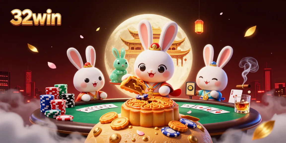 32win gaming illustration featuring moon rabbit and poker elements amidst a lunar casino backdrop.