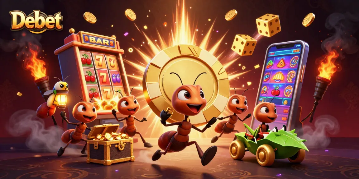 Debet showcases an epic heist scene with ants carrying a massive poker chip amid casino elements.