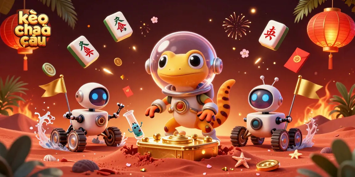 Engage with kèo nhà cái and explore a vibrant 3D casino scene with a Martian gecko and festive decorations.