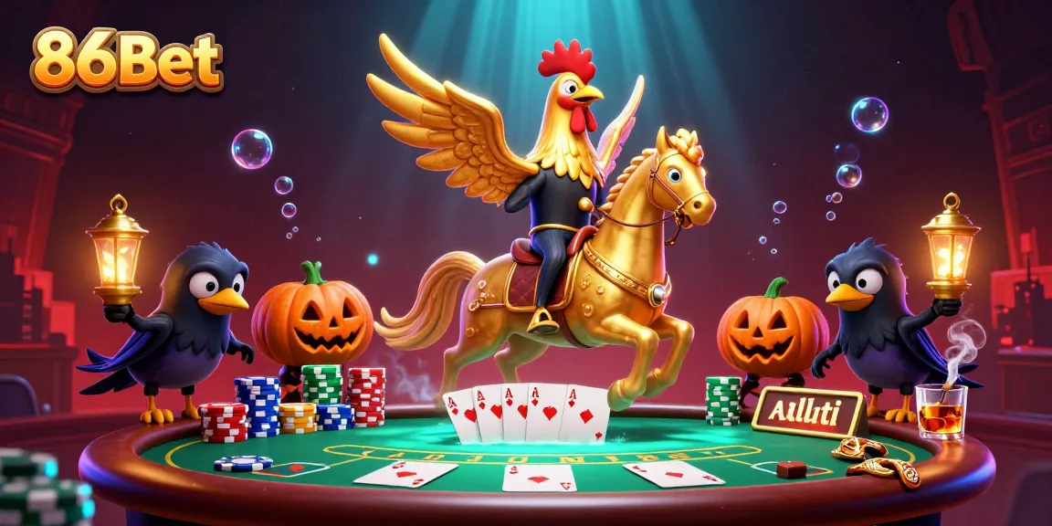 Engage with 86Bet in a vibrant casino scene with a golden rooster character and poker elements.