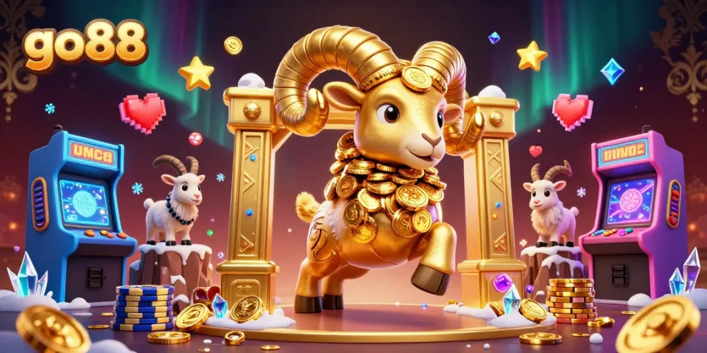 Engage in thrilling jackpots at go88 with a dynamic scene featuring a golden ram amidst vibrant casino elements.