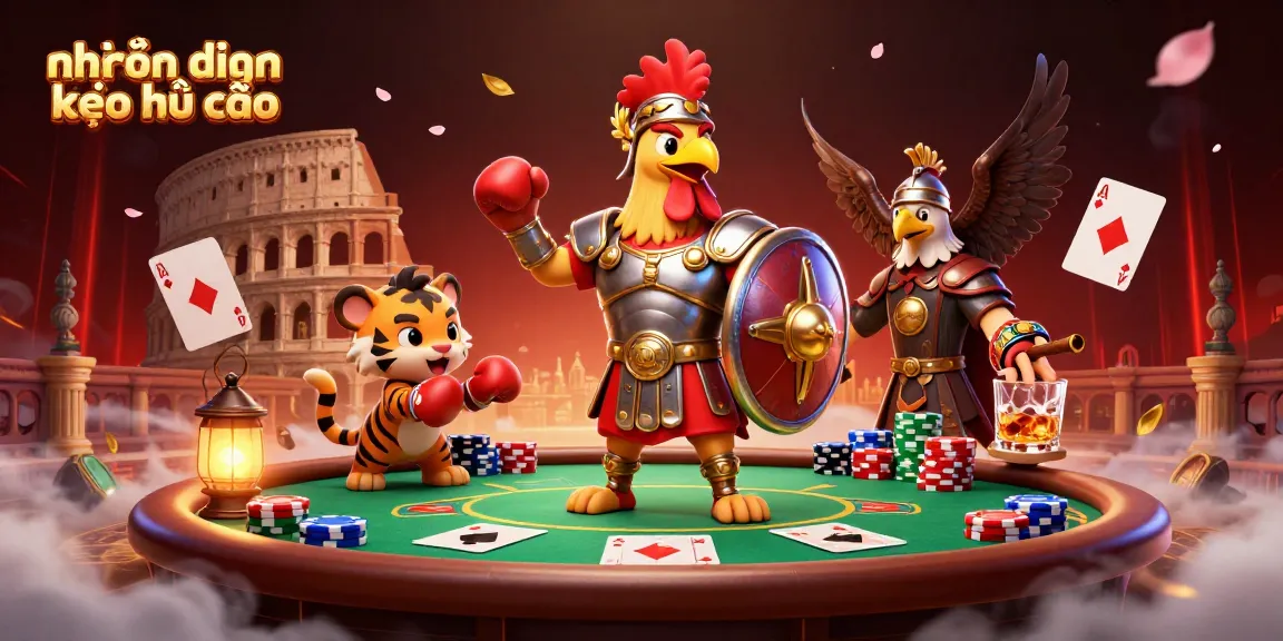 Engaging scene showcasing nhận định kèo nhà cái with a spirited gladiator rooster, a sparring tiger cub, and dynamic poker elements.