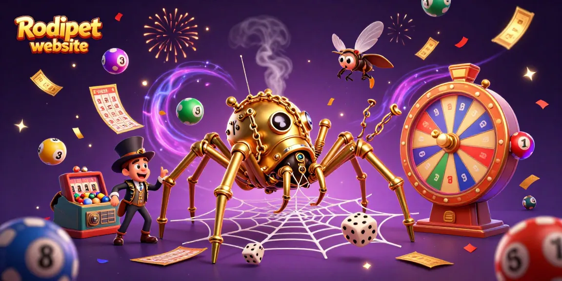 Engage with the exciting Rodipet website showcasing a dynamic casino scene featuring a golden spider web, animated lottery balls, and celebratory effects.