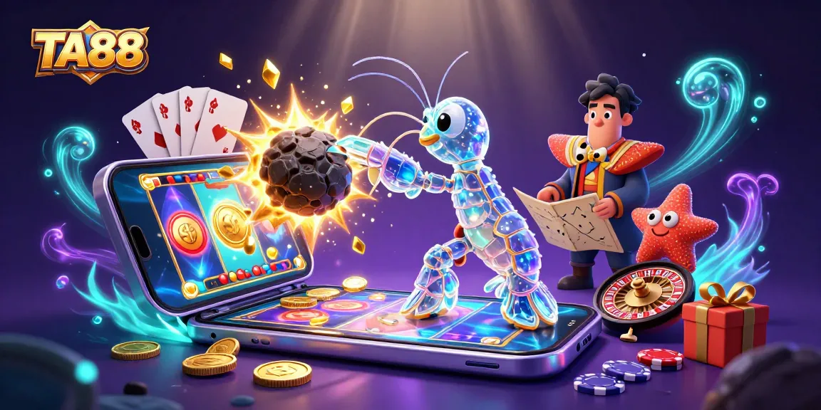 TA88 animated mantis shrimp samurai triumphs through asteroids, showcasing rich casino elements.
