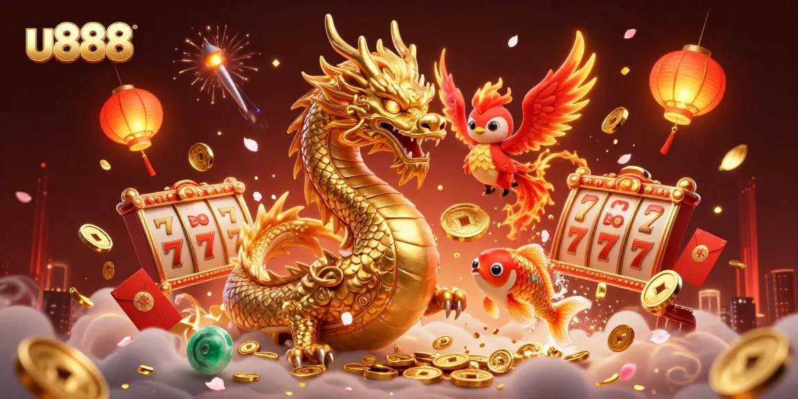 Try your luck on u888 with an energetic scene featuring a golden dragon and joyous symbols of fortune.