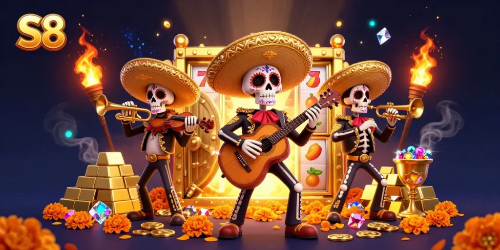 S8 casino scene featuring a 3D cartoon mariachi band and slot game elements.