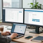 Logging into 02 business log in on a laptop in a modern office space with city view.