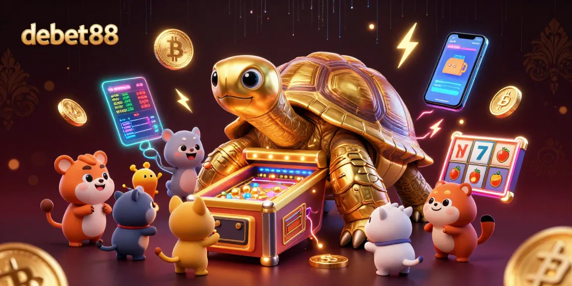Join the excitement exploring debet88 with a dynamic casino scene featuring a golden tortoise pinball machine.