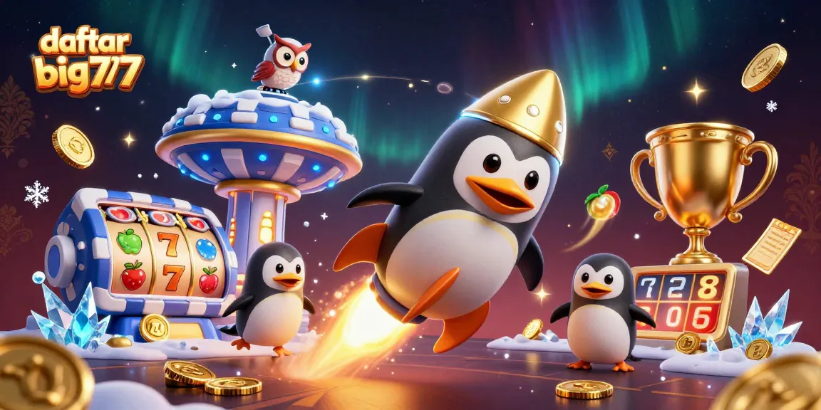 Experience the thrill of daftar big777 with a vibrant 3D casino illustration showcasing a golden penguin and slot elements.