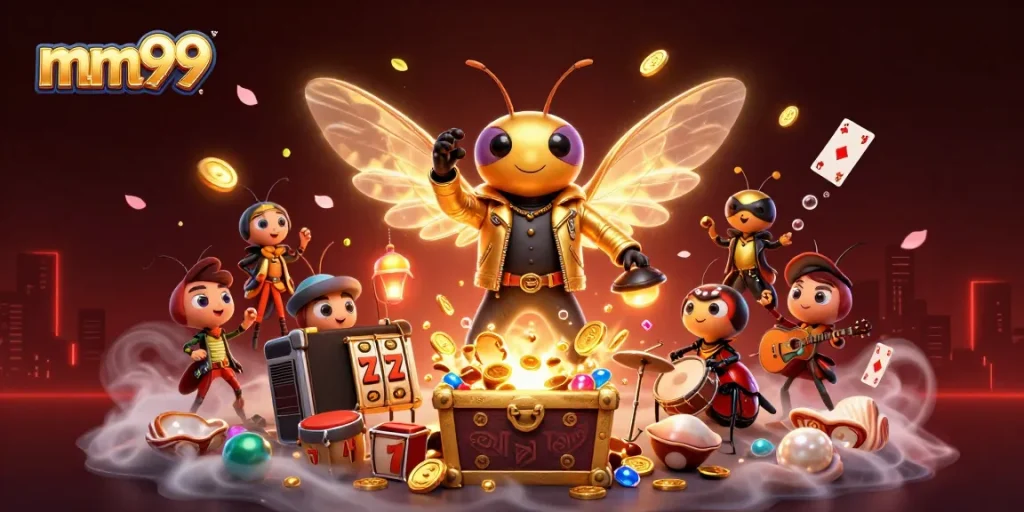 Win big with mm99's ultra-detailed 3D casino illustration featuring dynamic game elements and characters.