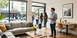 Melbourne Airbnb management scene with host and guests in a vibrant apartment