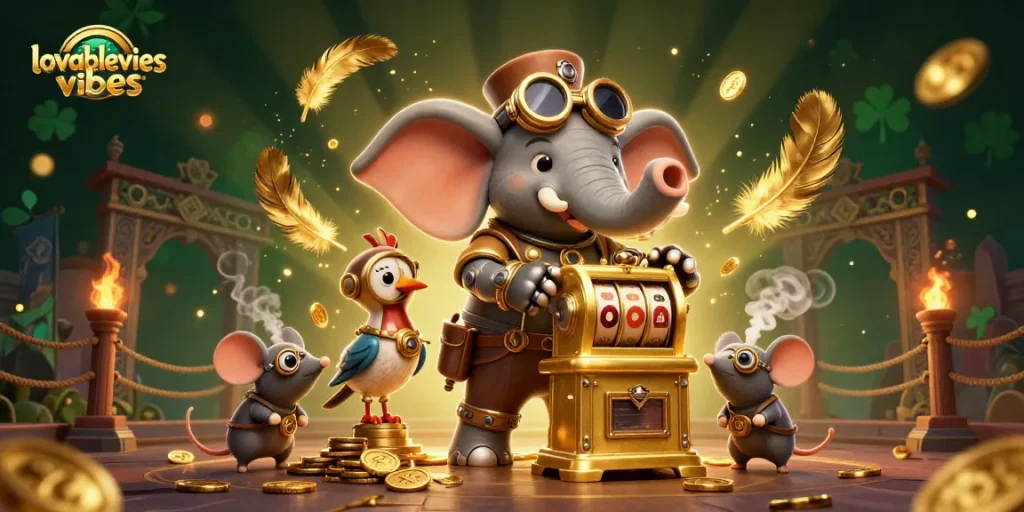 Spin the golden slots with lovablevibes at this exciting 3D casino scene featuring a steampunk elephant.