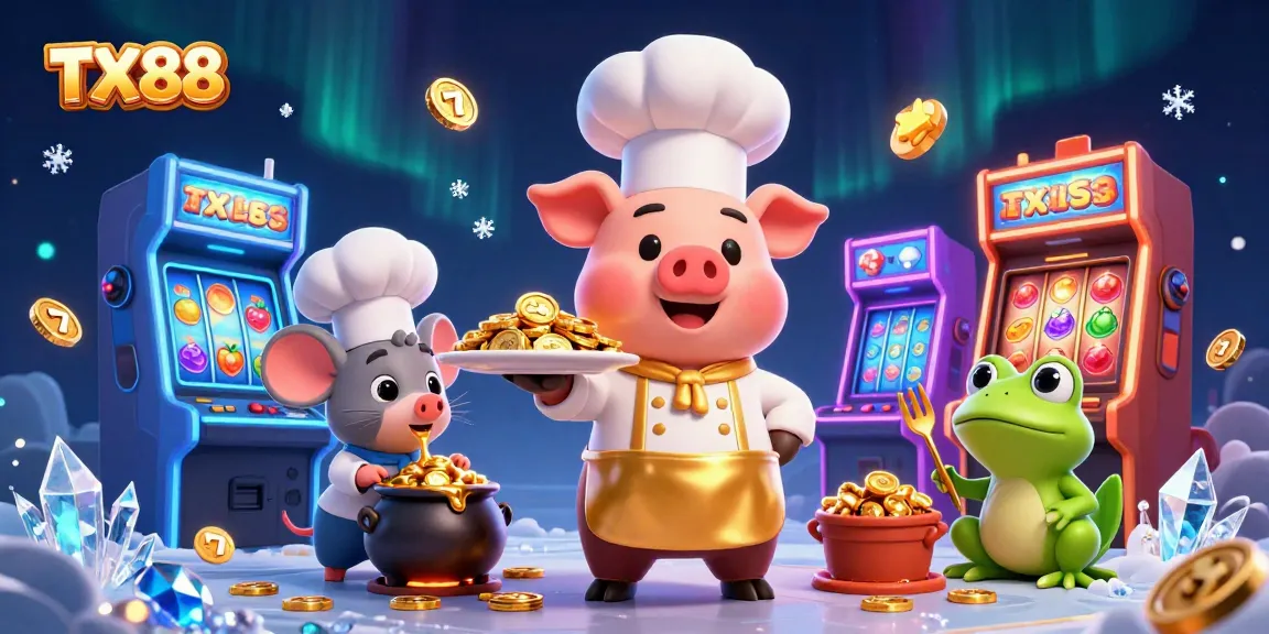 Win big with TX88 as a cartoon chef pig serves gold coins in a vibrant casino scene.