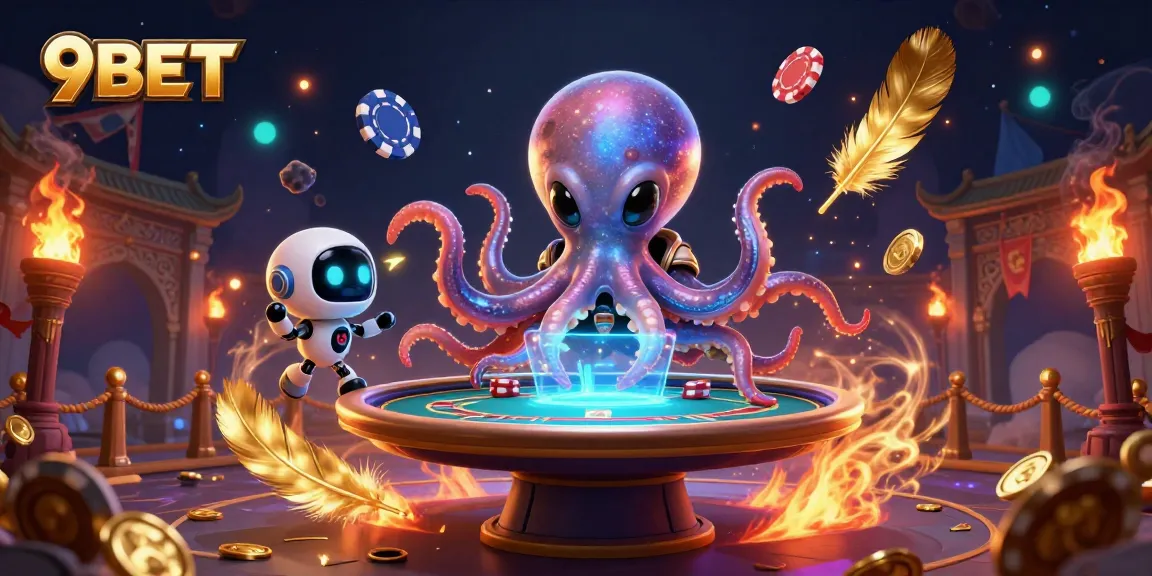 Experience thrilling poker action with 9BET's captivating combination of an alien octopus and robot companion.