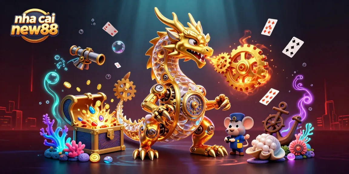 Experience thrilling gameplay with nha cai new88 as the golden dragon breathes gears and gems in a dynamic 3D scene.