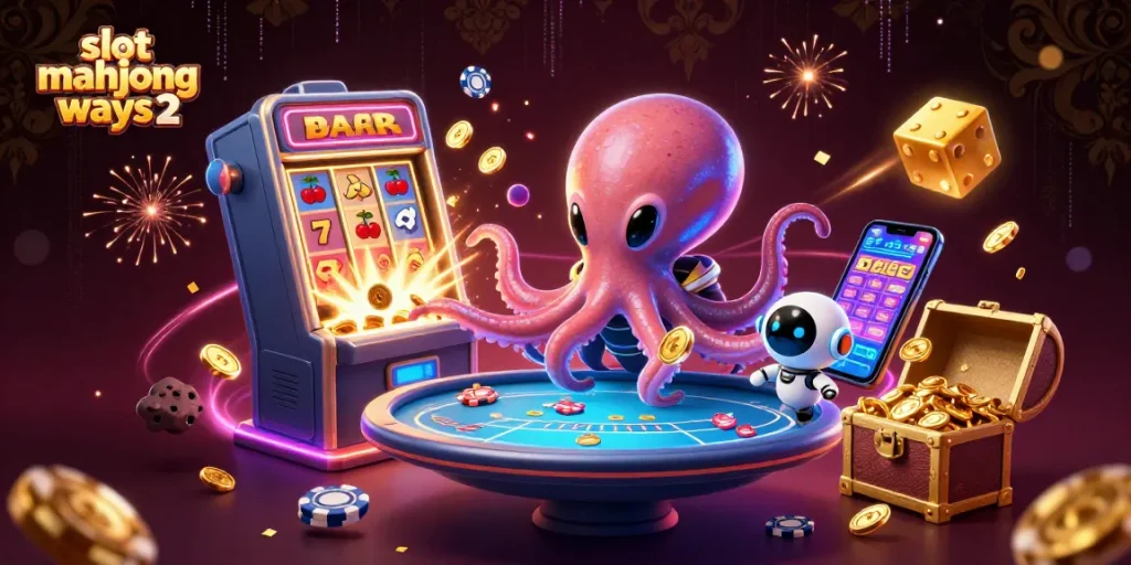 Experience thrilling gameplay with slot mahjong ways 2 as a vibrant alien octopus and robot celebrate wins.