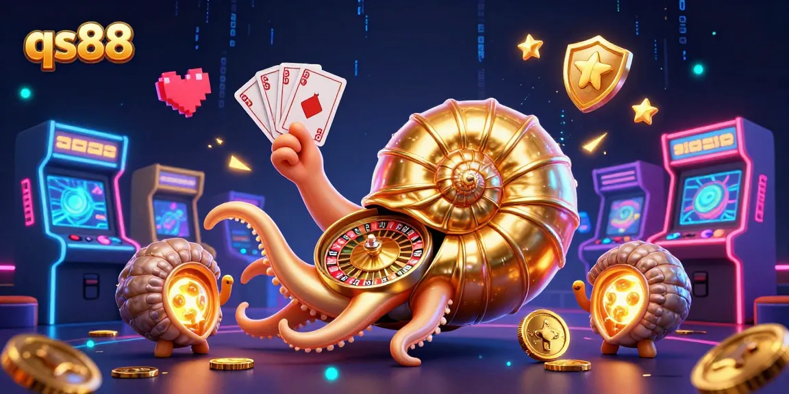 Win big with the dynamic 3D scene featuring qs88's vibrant gaming and casino elements.