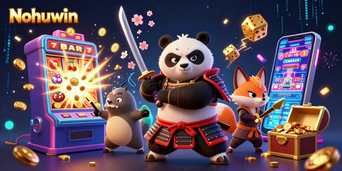 Nohuwin unleashes excitement with a vibrant 3D casino scene featuring a samurai panda, ninja fox, and magical tanuki.