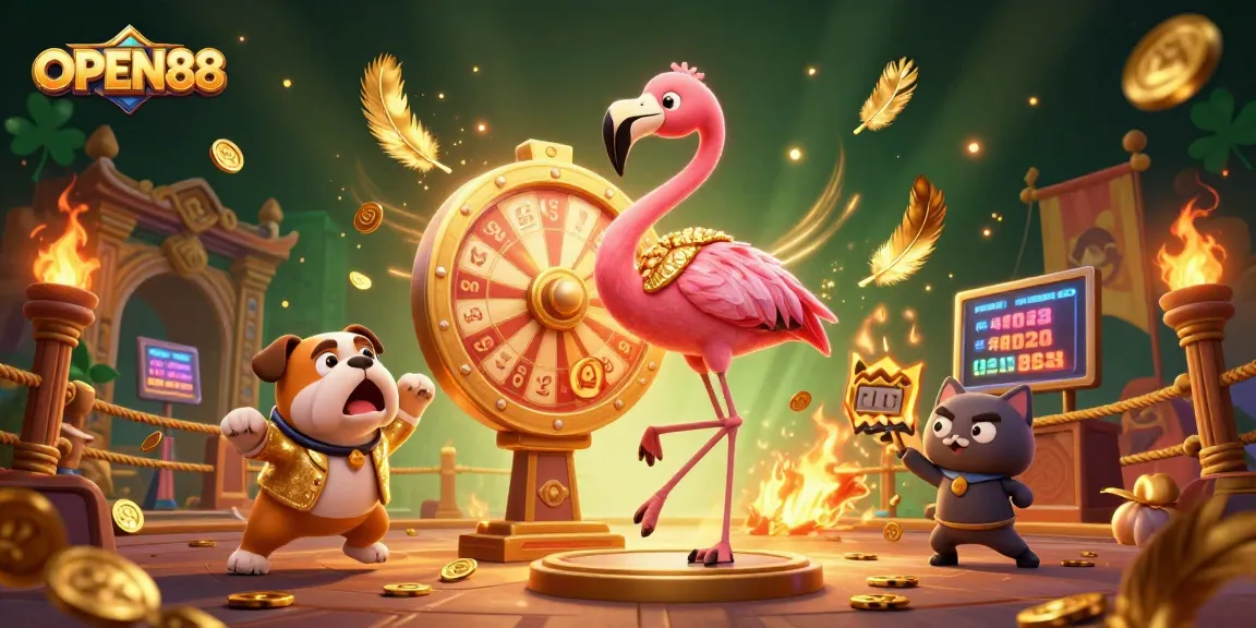 Experience the excitement of OPEN88 with an energetic cartoon scene featuring a flamingo host, bulldog contestant, and scoreboard assistant.