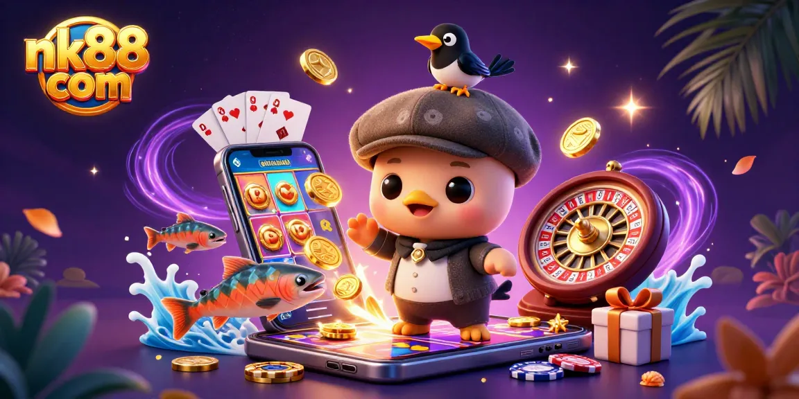 Experience exciting bets with nk88 com amidst playful casino-themed characters and vibrant game elements.