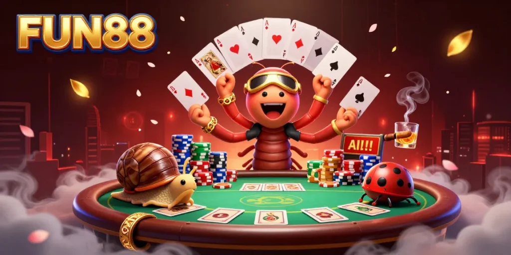 Engage with FUN88's vibrant casino scene featuring a millipede dealer, high-roller snail, and thrilling poker action.