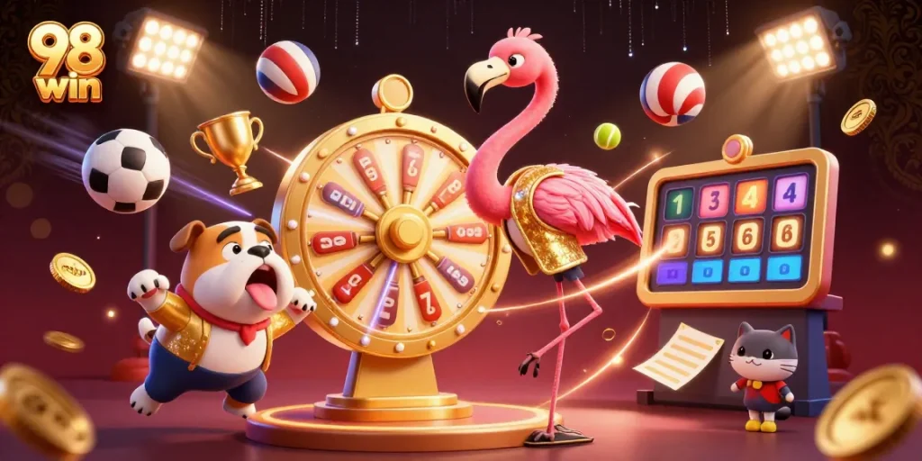 Win big with 98 win at an exciting casino game show featuring thrilling prizes and energetic characters!