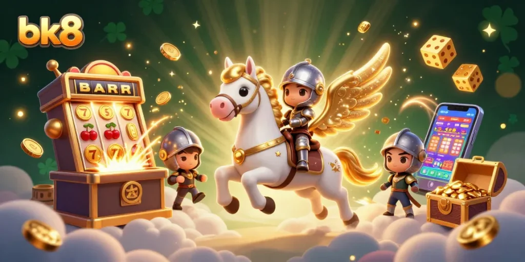 Experience the thrill of bk8 casino with a fantasy knight riding a celestial horse amidst a jackpot explosion.