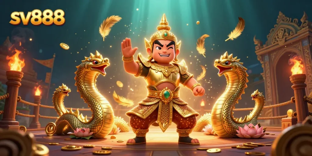 Experience the thrills at sv888 with a vibrant scene featuring a guardian, Naga serpents, and golden treasures.