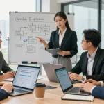 Collaborative team discussing cheap business mobile deals in a modern office.