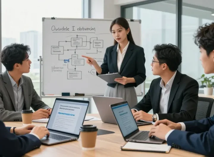 Collaborative team discussing cheap business mobile deals in a modern office.