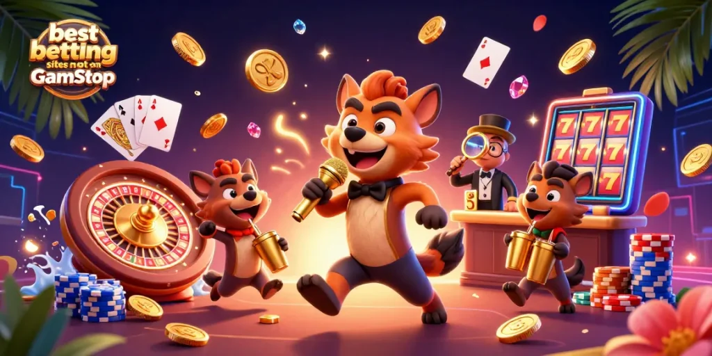Hyenas performing in a vibrant casino scene showcasing best betting sites not on GamStop.