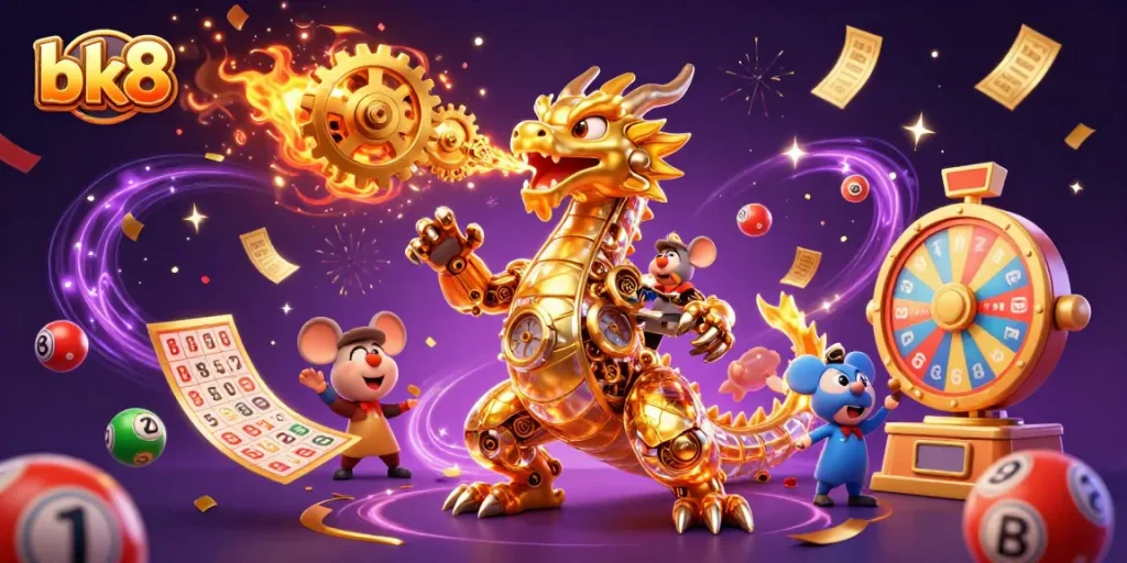 Experience a thrilling gaming moment at bk8 with dynamic golden dragon action surrounded by lottery elements.