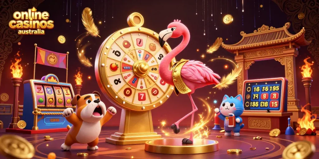 Experience thrilling wins at online casinos Australia with vibrant casino characters and game elements.