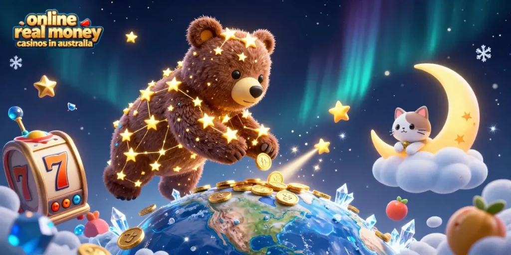 Experience the excitement of online real money casinos in australia with this vibrant cosmic-themed illustration.