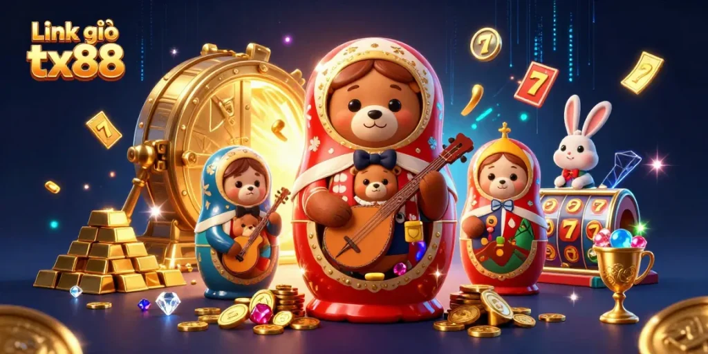 Engage with the Link vào tx88 experience through a lively 3D cartoon casino scene filled with treasures.