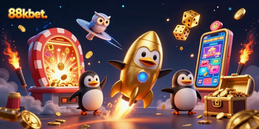 Experience thrilling gaming adventures with 88kbet. in a vibrant 3D casino space scene filled with gold and excitement.
