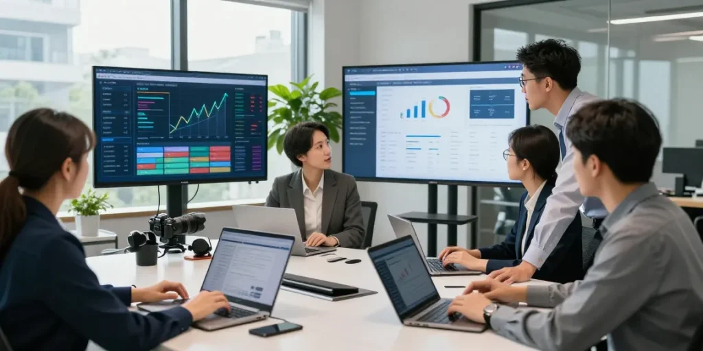 Scène de banque numérique avec équipe professionnelle analysant des données financières.