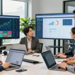 Scène de banque numérique avec équipe professionnelle analysant des données financières.