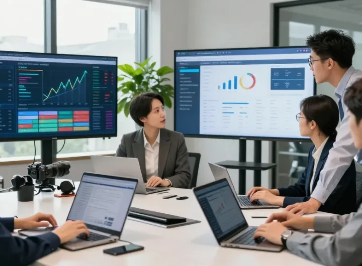 Scène de banque numérique avec équipe professionnelle analysant des données financières.