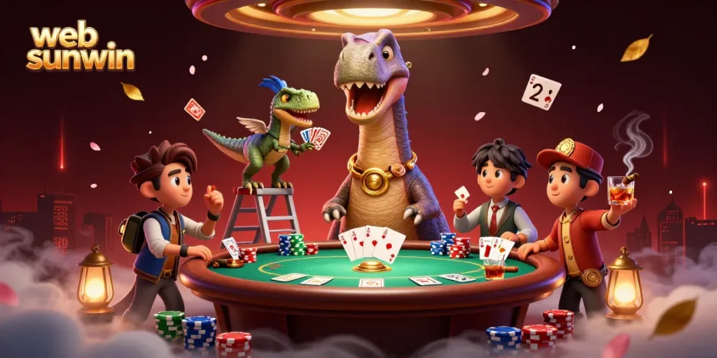 Engage with web sunwin at a vibrant casino scene featuring a giant brontosaurus and raptor dealer.