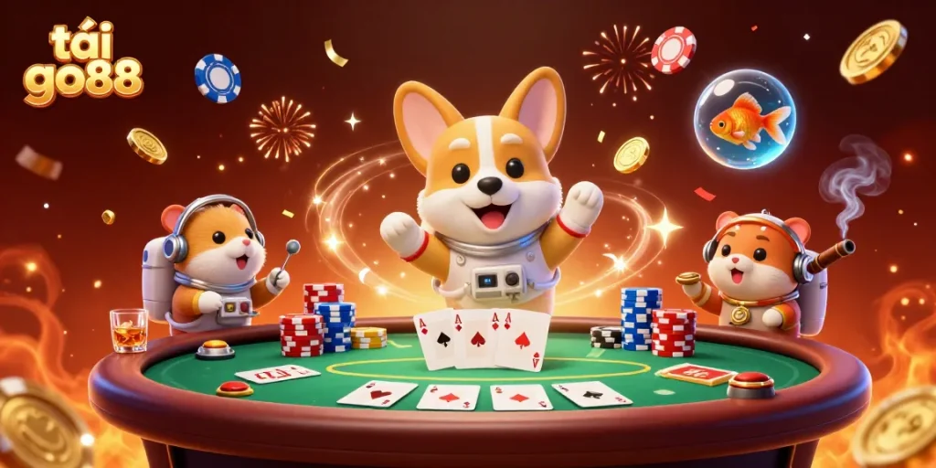 Experience the excitement of tải go88 in a cosmic casino scene with playful characters.