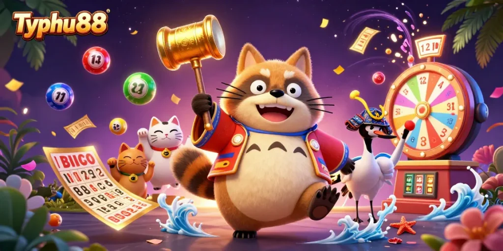 Typhu88 invites players to enjoy a vibrant lottery scene with colorful elements and animated characters.