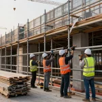 Commercial scaffolding workers efficiently erecting structures during a building renovation.