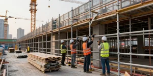Commercial scaffolding workers efficiently erecting structures during a building renovation.