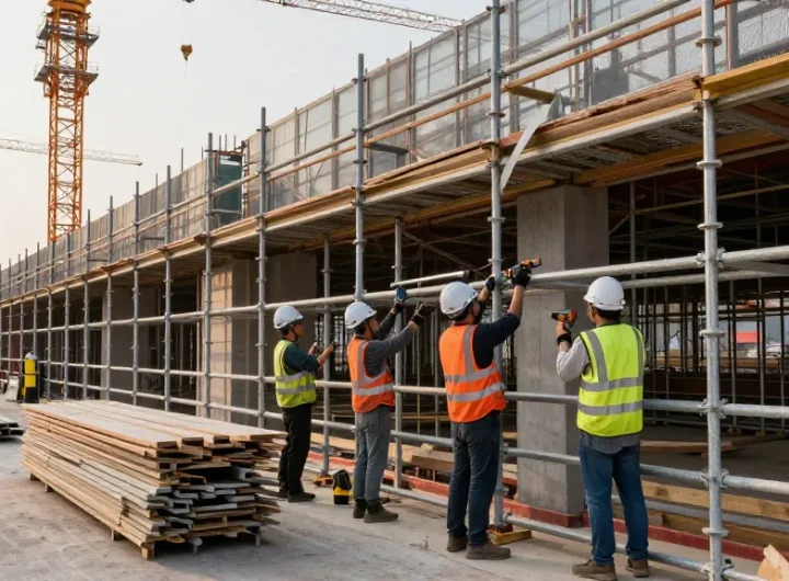 Commercial scaffolding workers efficiently erecting structures during a building renovation.
